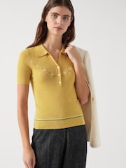 LK Bennett Yellow Yellow Fiona Cotton Blend Collar Stripe Floral Print Knit Top - Image 3 of 4