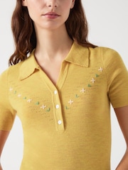 LK Bennett Yellow Yellow Fiona Cotton Blend Collar Stripe Floral Print Knit Top - Image 4 of 4