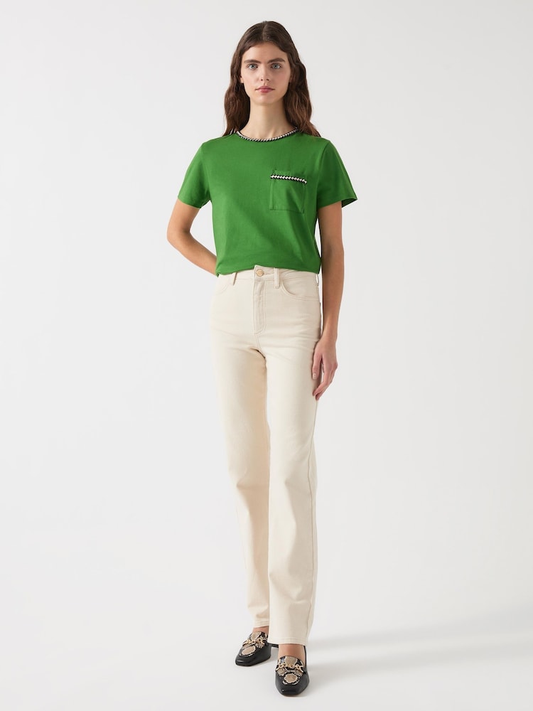 LK Bennett Green Vita Treetop Cotton Plaited Trim 100% Cotton T-Shirt - Image 2 of 4