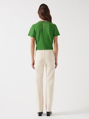 LK Bennett Green Vita Treetop Cotton Plaited Trim 100% Cotton T-Shirt - Image 3 of 4