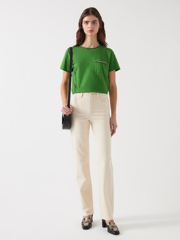 LK Bennett Green Vita Treetop Cotton Plaited Trim 100% Cotton T-Shirt - Image 4 of 4