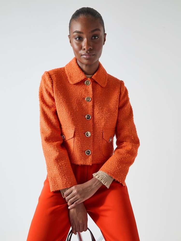 LK Bennett Orange Vita Cotton Blend Collar Tweed Jacket - Image 1 of 4