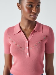 LK Bennett Fiona Blush Cotton Blend Collar Stripe Floral Print Knit Top - صورة 3 من 4