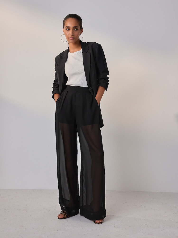 Black Sheer Wide Leg Trousers With Shorts Lining - Image 1 of 8 Black Sheer Wide Leg Trousers With Shorts Lining - Image 1 of 8