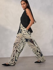 Ecru Zebra Print Sheer Wide Leg Trousers With Shorts Lining - Image 1 of 7