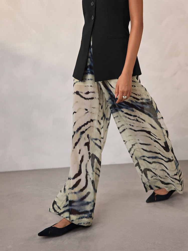 Ecru Zebra Print Sheer Wide Leg Trousers With Shorts Lining - Image 2 of 7 Ecru Zebra Print Sheer Wide Leg Trousers With Shorts Lining - Image 2 of 7