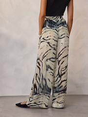 Ecru Zebra Print Sheer Wide Leg Trousers With Shorts Lining - Image 3 of 7