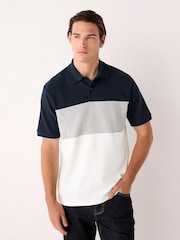 Navy Blue/Grey 100% Cotton Short Sleeve Button Up Block Polo Shirt - Image 1 of 8