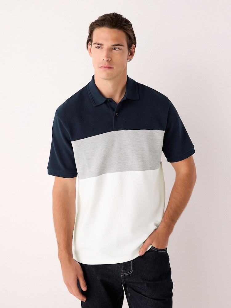 Navy Blue/Grey 100% Cotton Short Sleeve Button Up Block Polo Shirt - Image 1 of 8