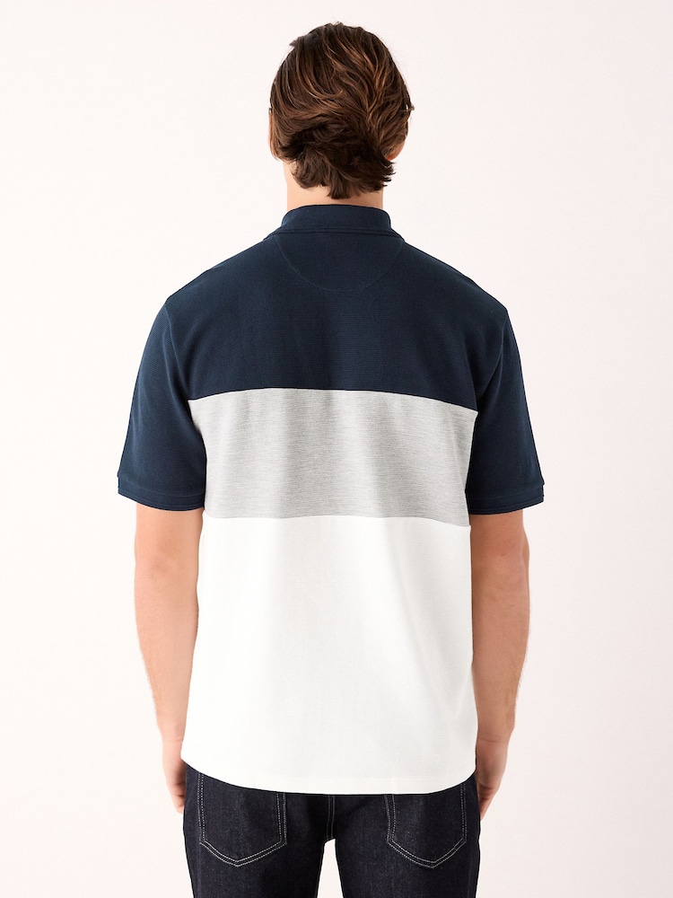 Navy Blue/Grey 100% Cotton Short Sleeve Button Up Block Polo Shirt - Image 2 of 8