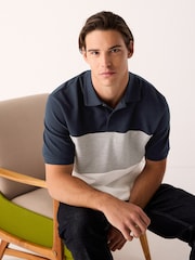 Navy Blue/Grey 100% Cotton Short Sleeve Button Up Block Polo Shirt - Image 4 of 8
