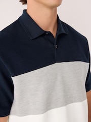 Navy Blue/Grey 100% Cotton Short Sleeve Button Up Block Polo Shirt - Image 5 of 8