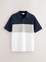 Navy Blue/Grey 100% Cotton Short Sleeve Button Up Block Polo Shirt - Image 6 of 8