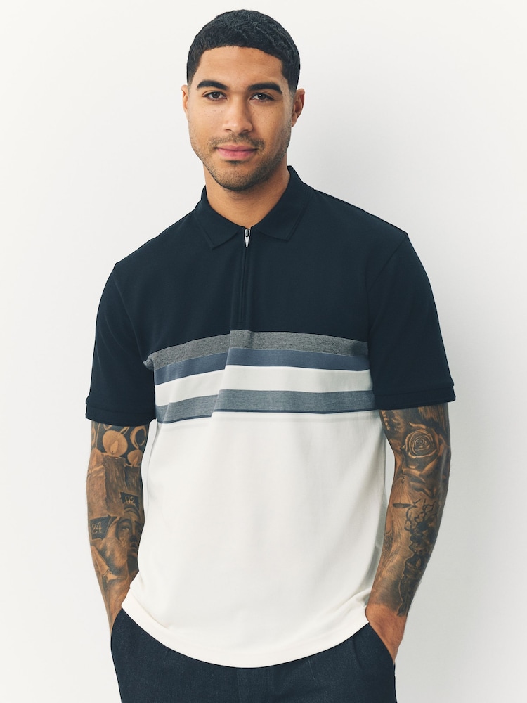 Black/White 100% Cotton Short Sleeve Zip Neck Block Polo Shirt - Image 1 of 6
