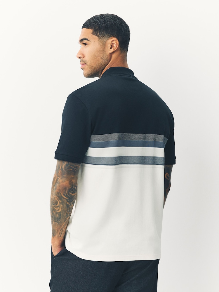 Black/White 100% Cotton Short Sleeve Zip Neck Block Polo Shirt - Image 2 of 6