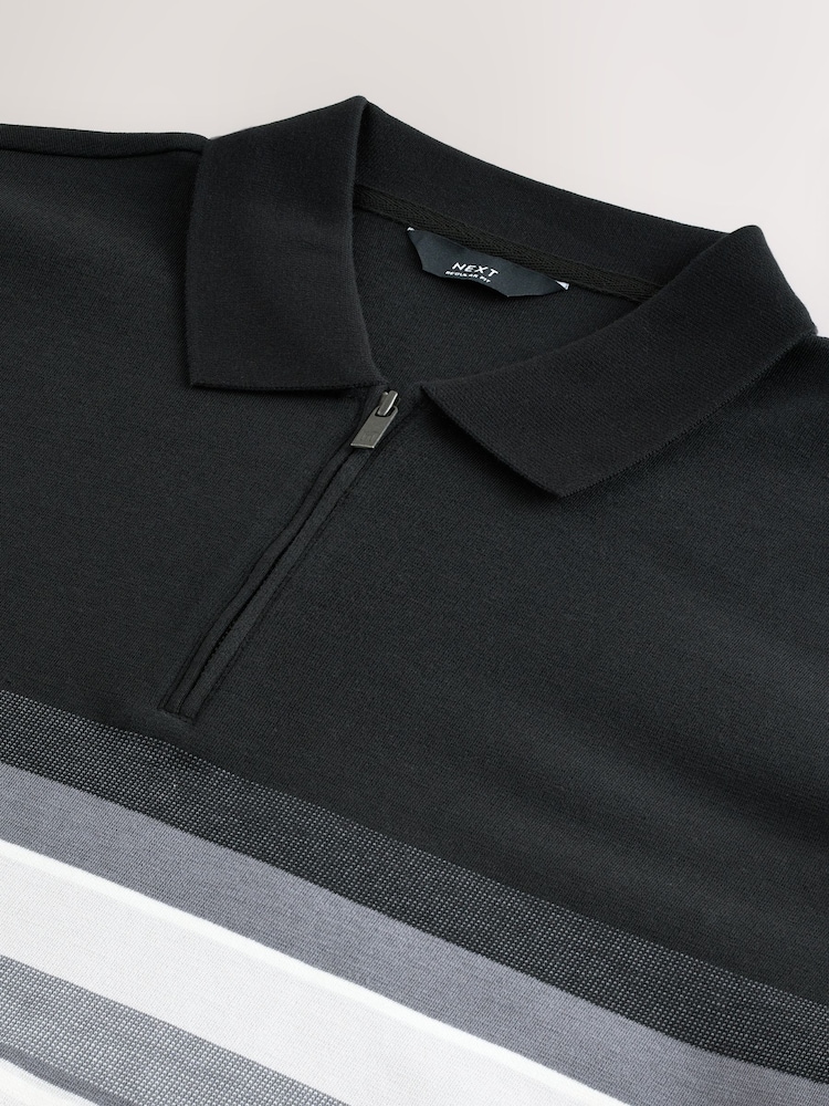 Black/White 100% Cotton Short Sleeve Zip Neck Block Polo Shirt - Image 6 of 6