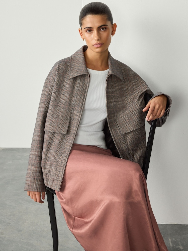 Grey Check Brushed Collared Bomber Jacket - Image 1 of 8 Grey Check Brushed Collared Bomber Jacket - Image 1 of 8
