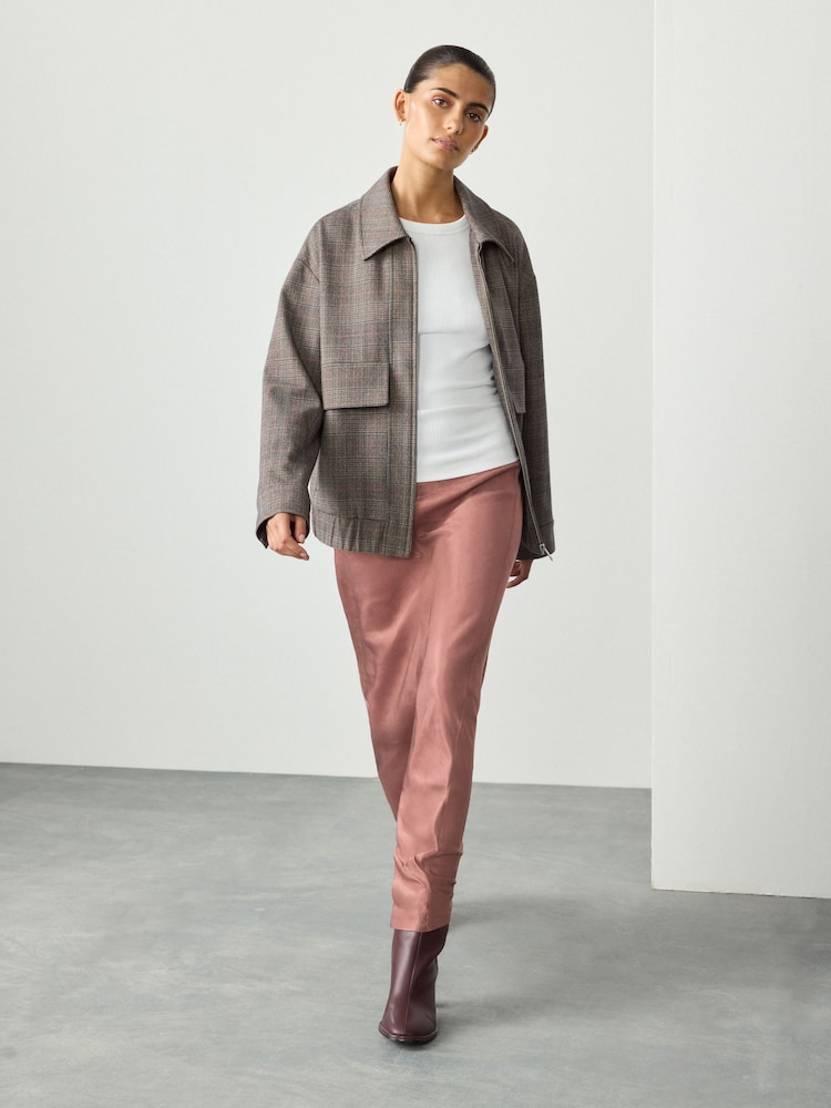 Grey Check Brushed Collared Bomber Jacket - Image 2 of 8 Grey Check Brushed Collared Bomber Jacket - Image 2 of 8