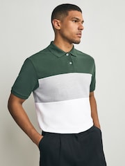 Green/Grey 100% Cotton Short Sleeve Button Up Block Polo Shirt - Image 1 of 7