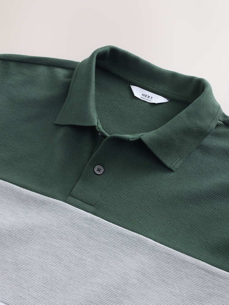 Green/Grey 100% Cotton Short Sleeve Button Up Block Polo Shirt - Image 7 of 7