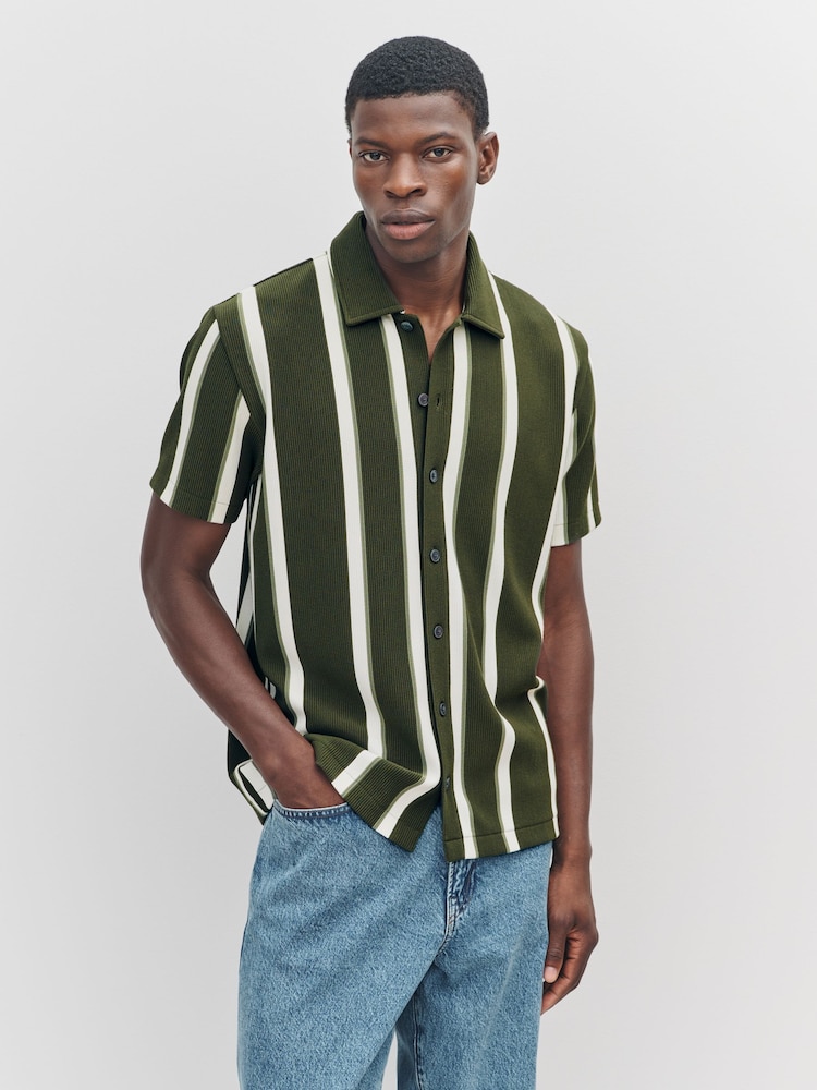 Olive Green Textured Stripe Jersey Shirt - Image 1 of 4