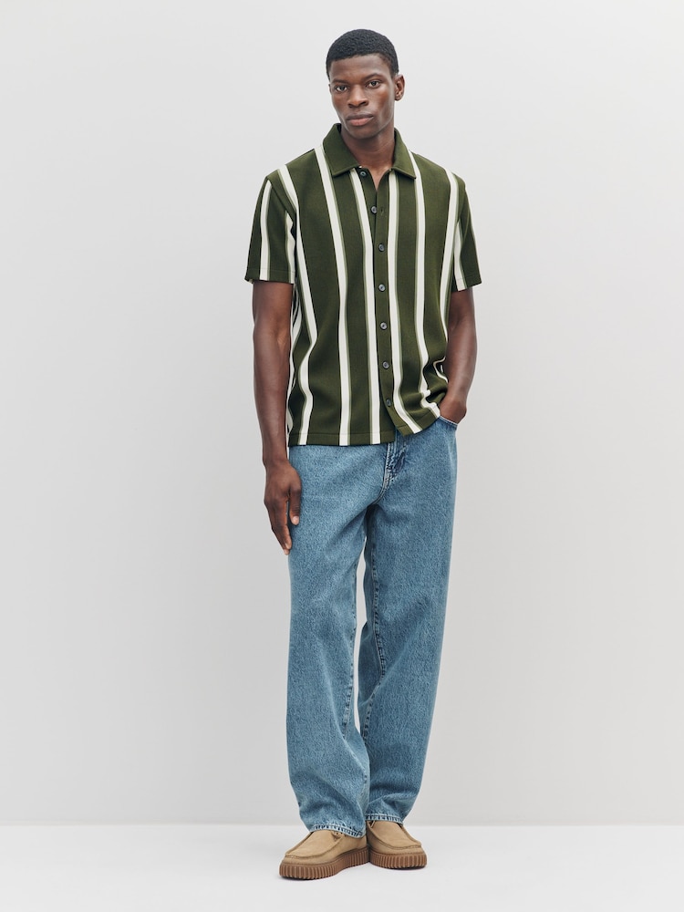 Olive Green Textured Stripe Jersey Shirt - Image 4 of 4