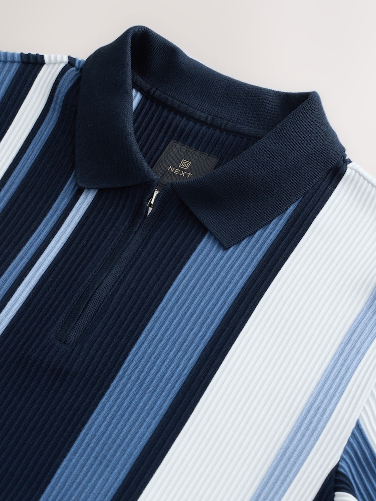 Blue Navy Vertical Stripe Quarter Zip Polo Shirt - Image 2 of 3