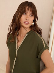 Love & Roses Khaki Sequin Trim Sequin V-Neck Blouse - Image 1 of 4