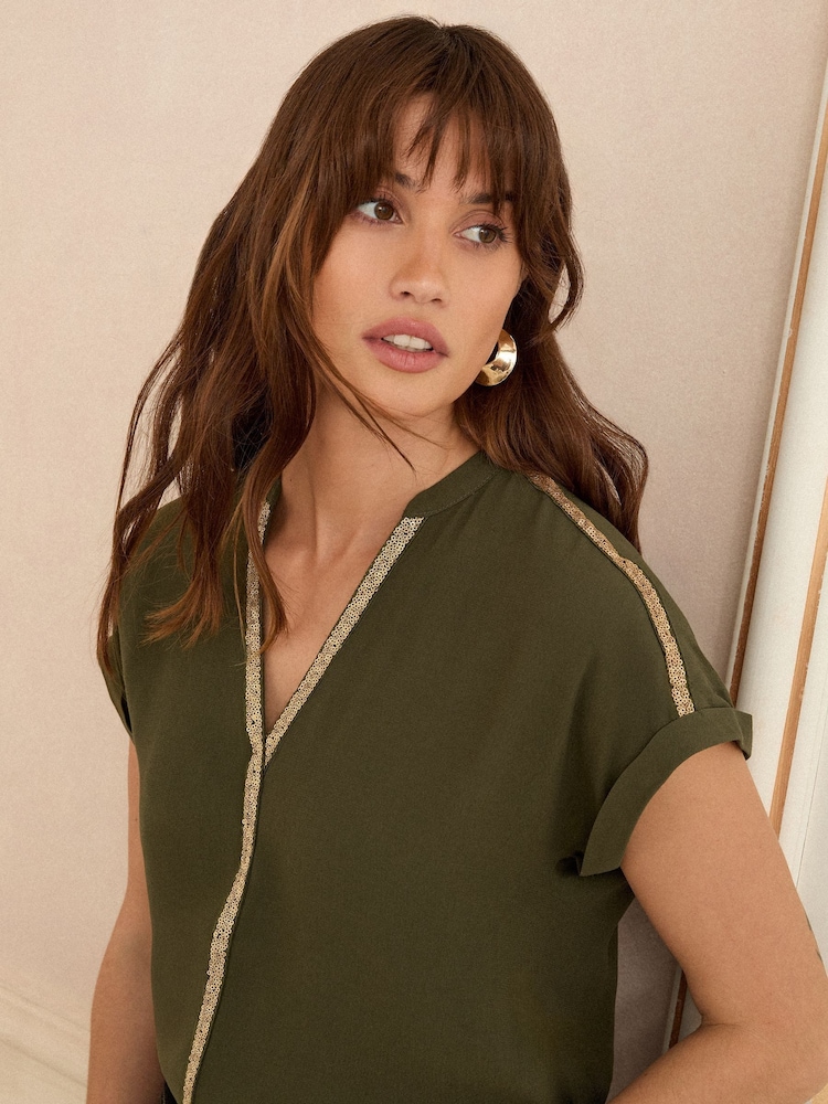 Love & Roses Khaki Sequin Trim Sequin V-Neck Blouse - Image 1 of 4 Love & Roses Khaki Sequin Trim Sequin V-Neck Blouse - Image 1 of 4
