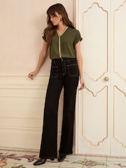 Love & Roses Khaki Sequin Trim Sequin V-Neck Blouse - Image 4 of 4
