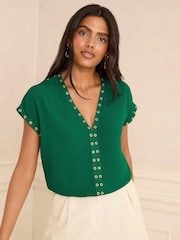 Love & Roses Green Eyelet V-Neck Short Sleeve T-Shirt - Image 1 of 4
