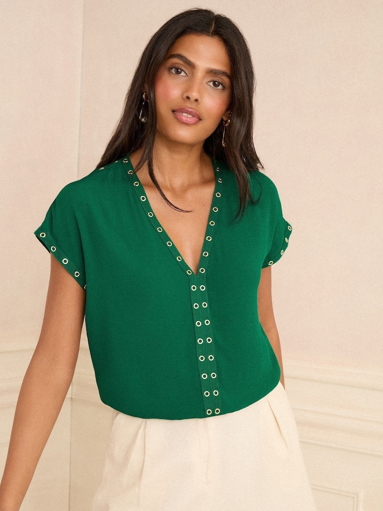Love & Roses Green Eyelet V-Neck Short Sleeve T-Shirt - Image 1 of 4