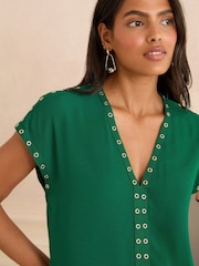 Love & Roses Green Eyelet V-Neck Short Sleeve T-Shirt - Image 2 of 4