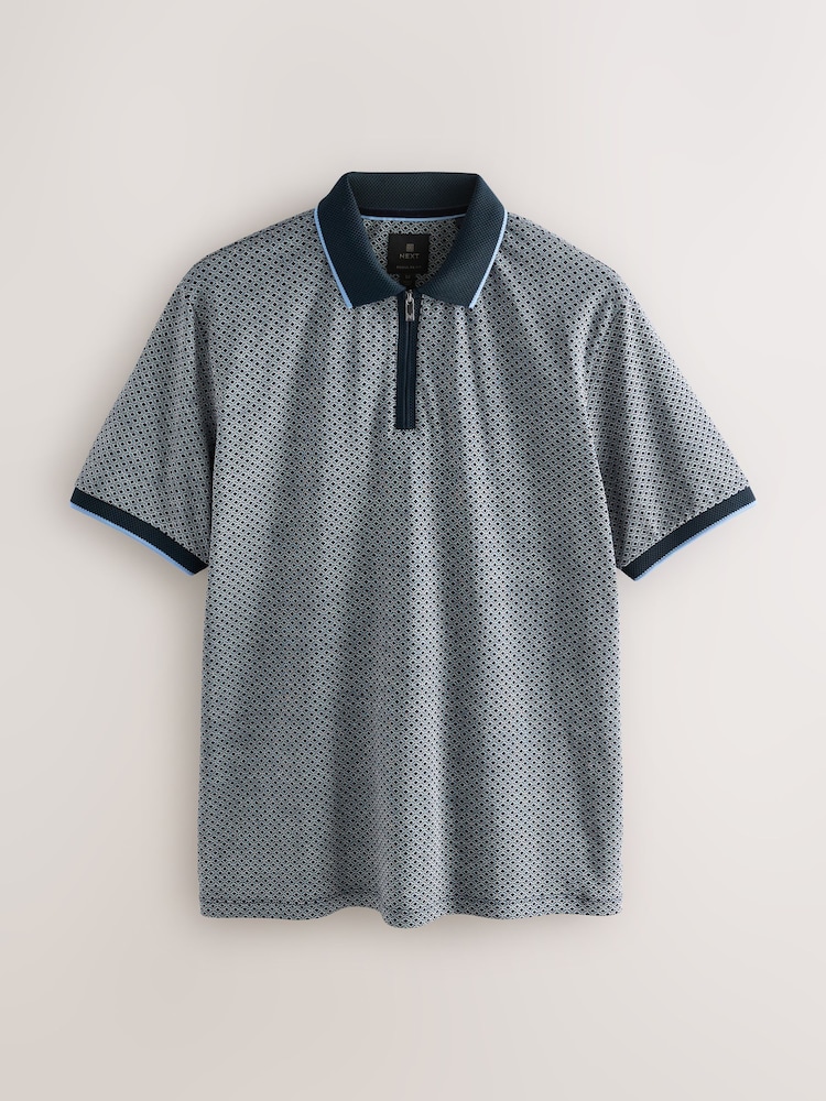 Blue Navy Geo Short Sleeve Print Polo Shirt - Image 1 of 3