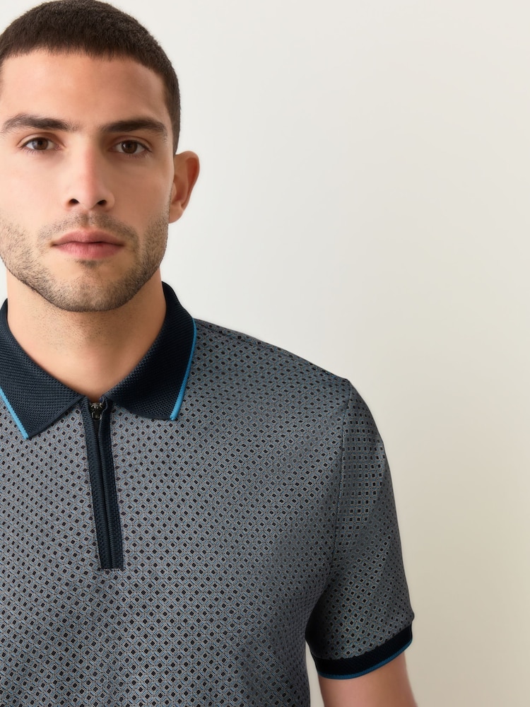 Blue Navy Geo Short Sleeve Print Polo Shirt - Image 1 of 8 Blue Navy Geo Short Sleeve Print Polo Shirt - Image 1 of 8