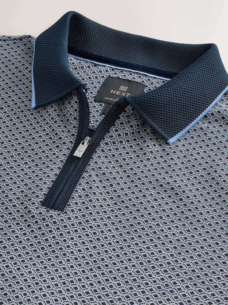 Blue Navy Geo Short Sleeve Print Polo Shirt - Image 3 of 3