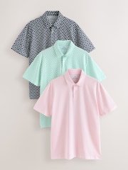Green/Pink/Navy Geos Regular Fit Short Sleeve Jersey Polo Shirts 3 Pack - Image 1 of 8