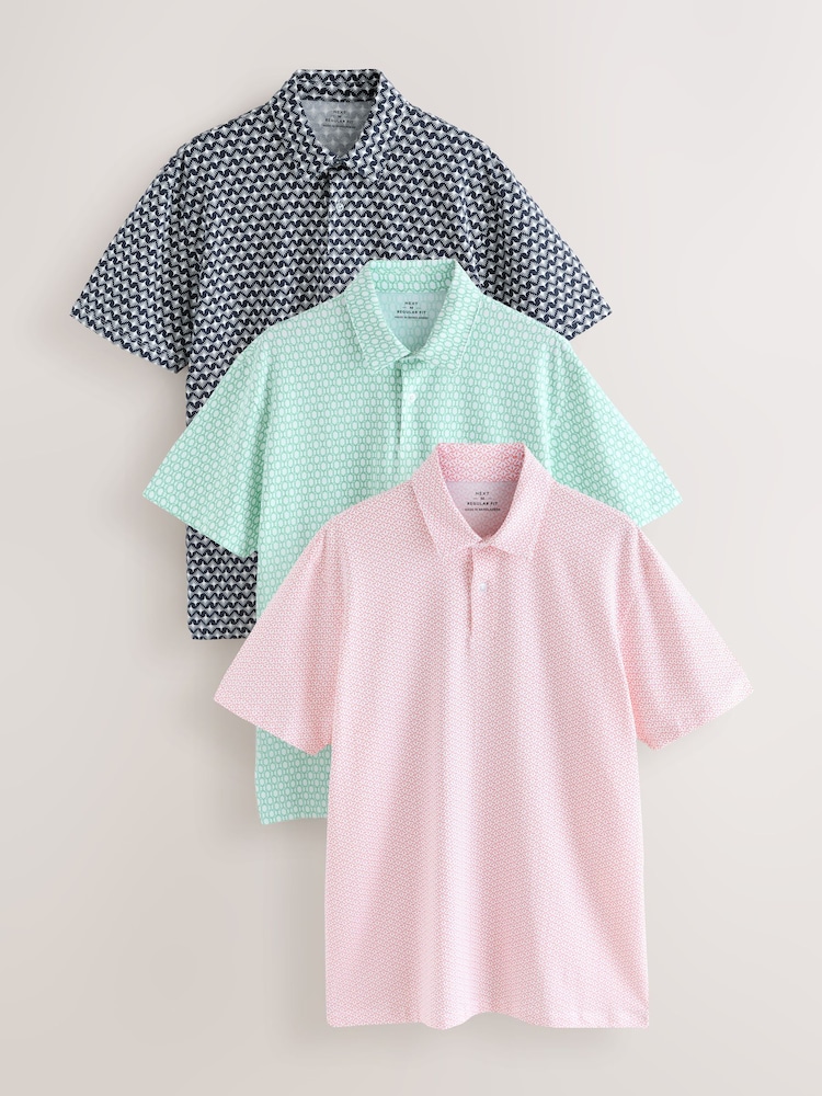 Green/Pink/Navy Geos Regular Fit Short Sleeve Jersey Polo Shirts 3 Pack - Image 1 of 8