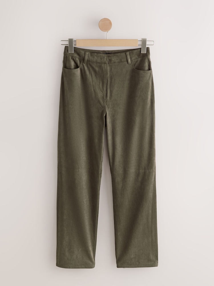 Khaki Green Suedette Straight Leg Trousers - Image 1 of 3