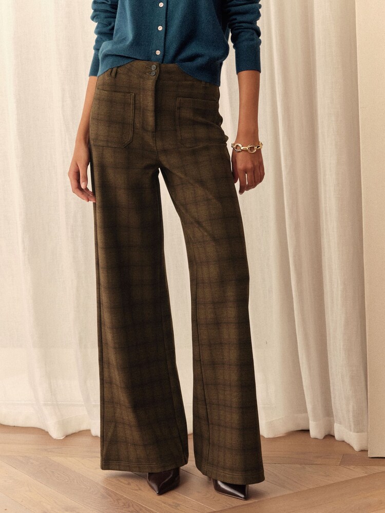 Khaki Green Check N. Premium Jersey Patch Pocket Wide Leg Trousers - Image 2 of 7 Khaki Green Check N. Premium Jersey Patch Pocket Wide Leg Trousers - Image 2 of 7