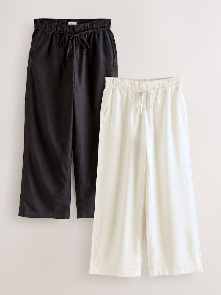 Black/White Tie Waist Wide Leg Linen Blend Trousers 2 Pack - Image 1 of 9