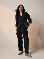 Black/Pink Tie Waist Barrel Leg Linen Blend Trousers 2 Pack - Image 2 of 10