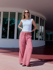 Pink/Red Gingham Pull On Wide Leg Trousers with Linen - Image 1 of 8