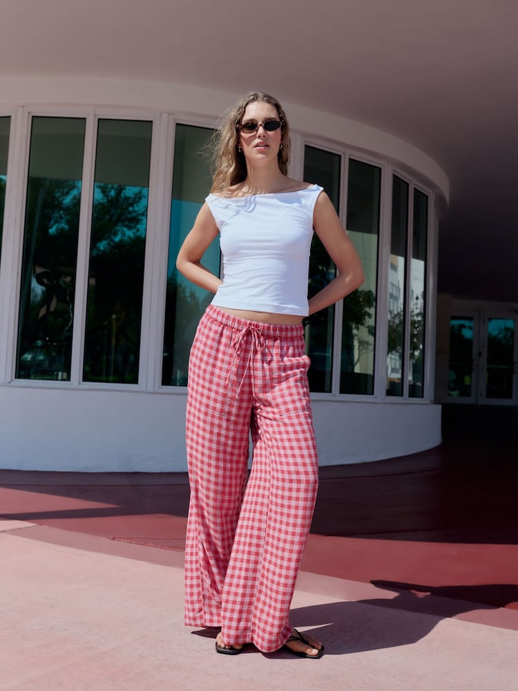 Pink/Red Gingham Pull On Wide Leg Trousers with Linen - Image 1 of 8