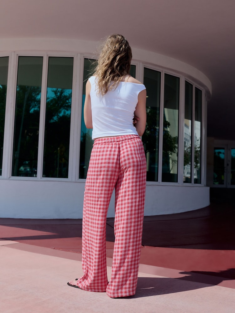 Pink/Red Gingham Pull On Wide Leg Trousers with Linen - Image 2 of 8 Pink/Red Gingham Pull On Wide Leg Trousers with Linen - Image 2 of 8