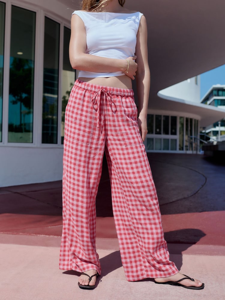 Pink/Red Gingham Pull On Wide Leg Trousers with Linen - Image 3 of 8
