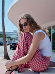 Pink/Red Gingham Pull On Wide Leg Trousers with Linen - Image 4 of 8