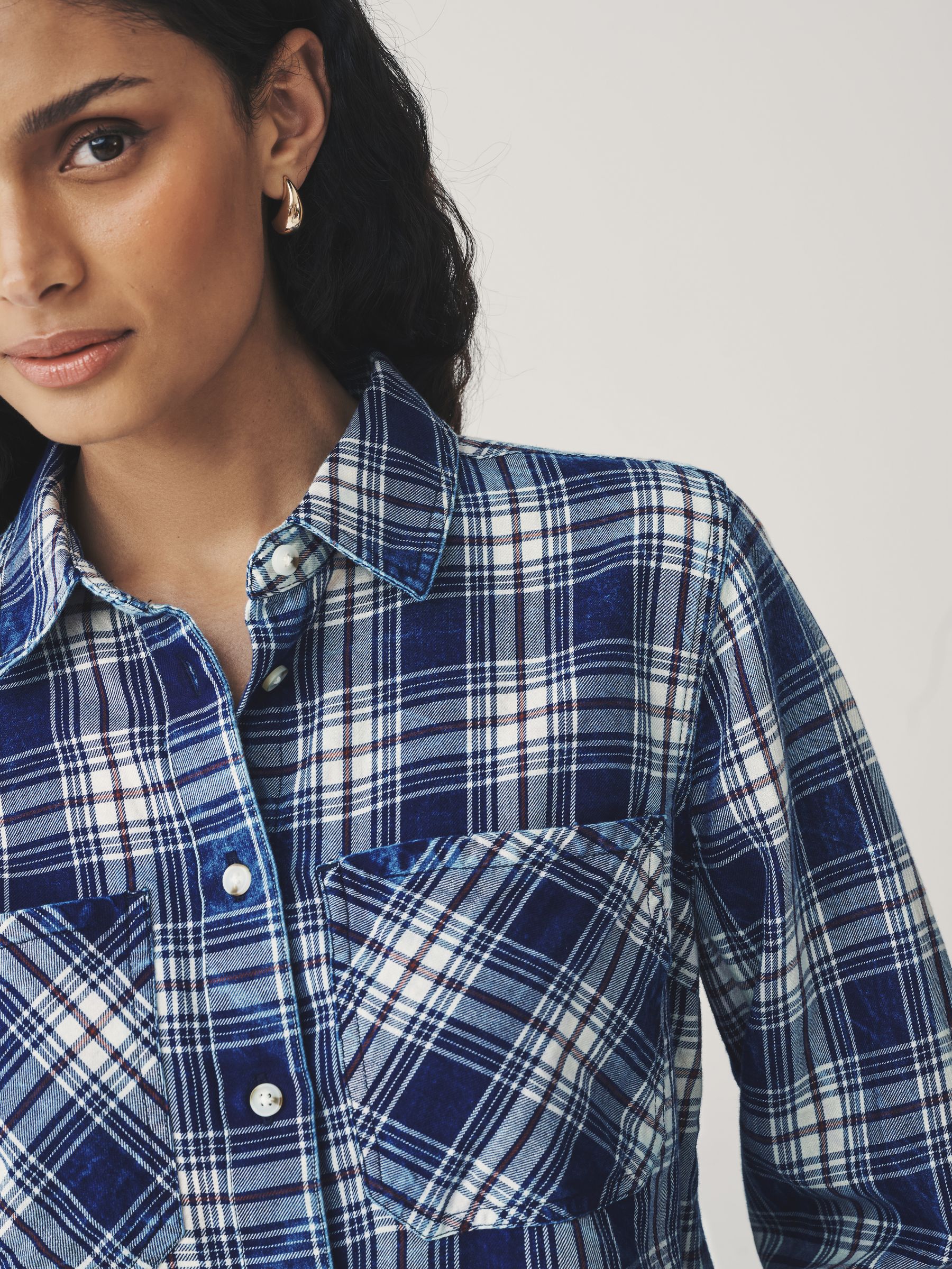 Buy Mid Blue Denim Cropped Check Shirt from the Next UK online shop