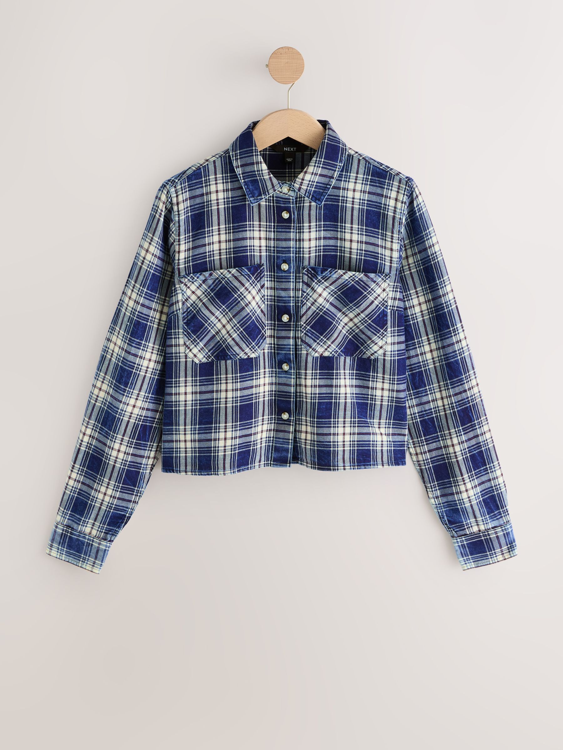 Buy Mid Blue Denim Cropped Check Shirt from Next USA