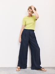 Dark Blue Lightweight Denim Pull On Wide Leg Trousers - Image 1 of 7
